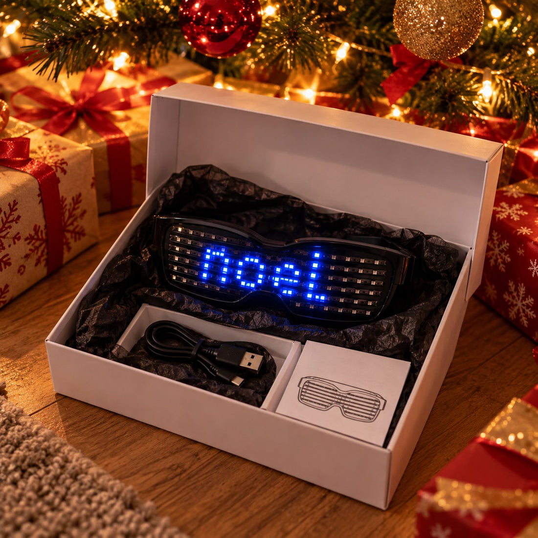 Coffret cadeau Clignote sous le sapin, lunettes LED affichant « noel »