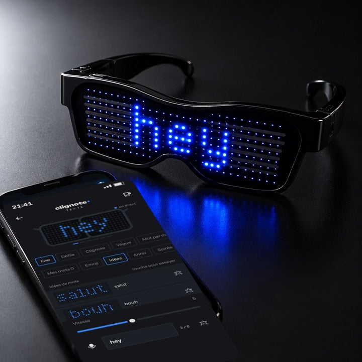 Lunettes LED Clignote en action : « hey », « wow », cœurs, anniversaire, cadeau de Noël, LED bleues