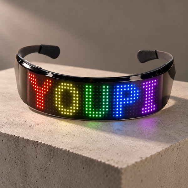 Visière LED Full Color affichant YOUPI en arc-en-ciel